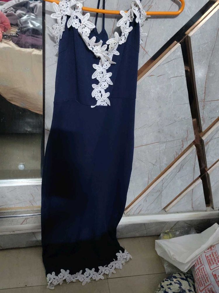 Navy Blue Lace Trimmed Dress