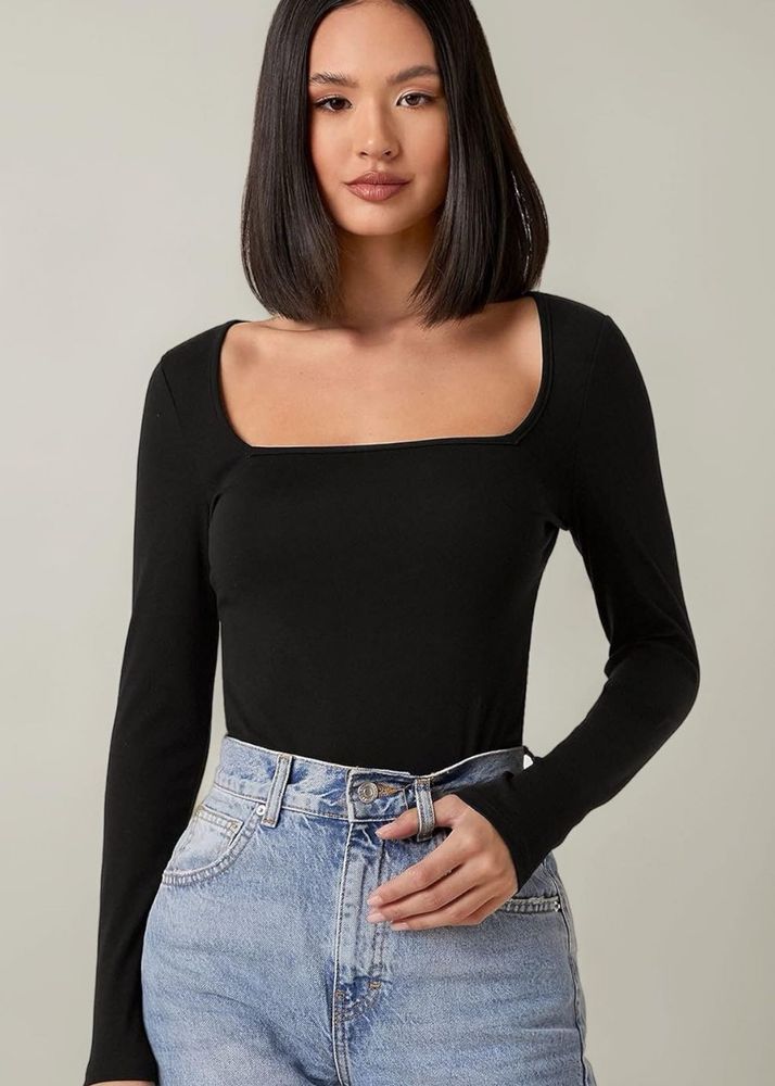 Chic Black Square Neck Long Sleeve Top