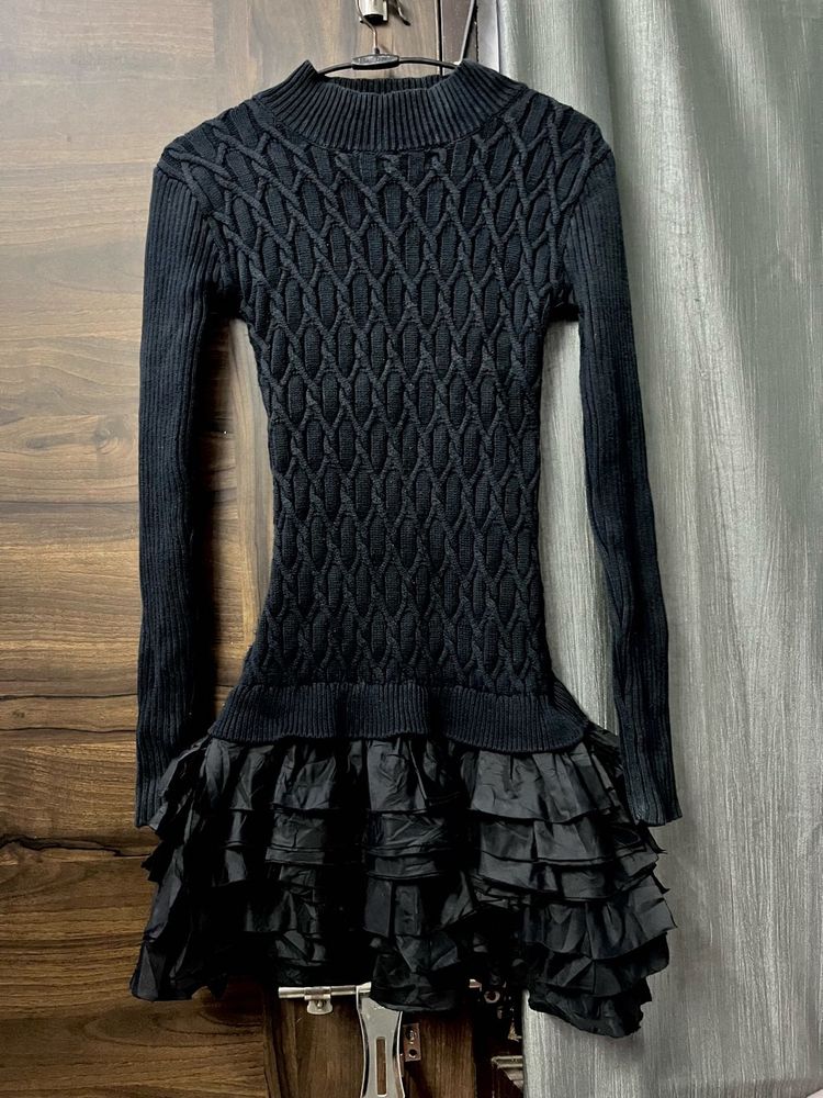 Chic Black Textured Knit Ruffle Dress