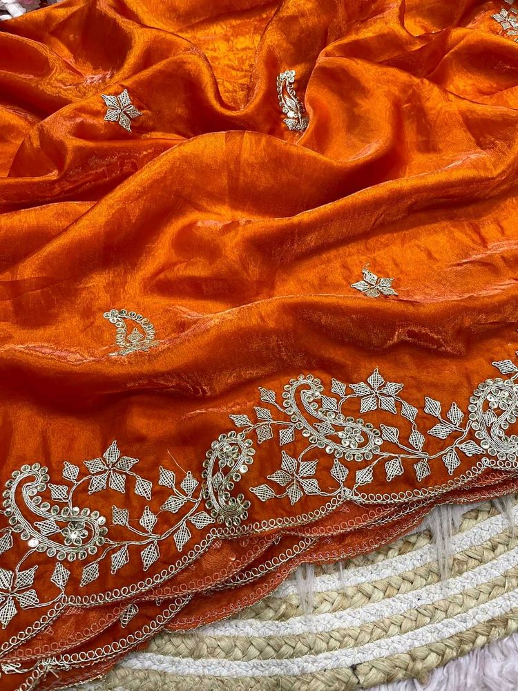 Stunning Orange Embroidered Silk Saree