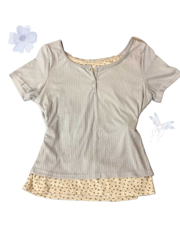 Faded light blue Ribbed Henley Top with Floral Lay