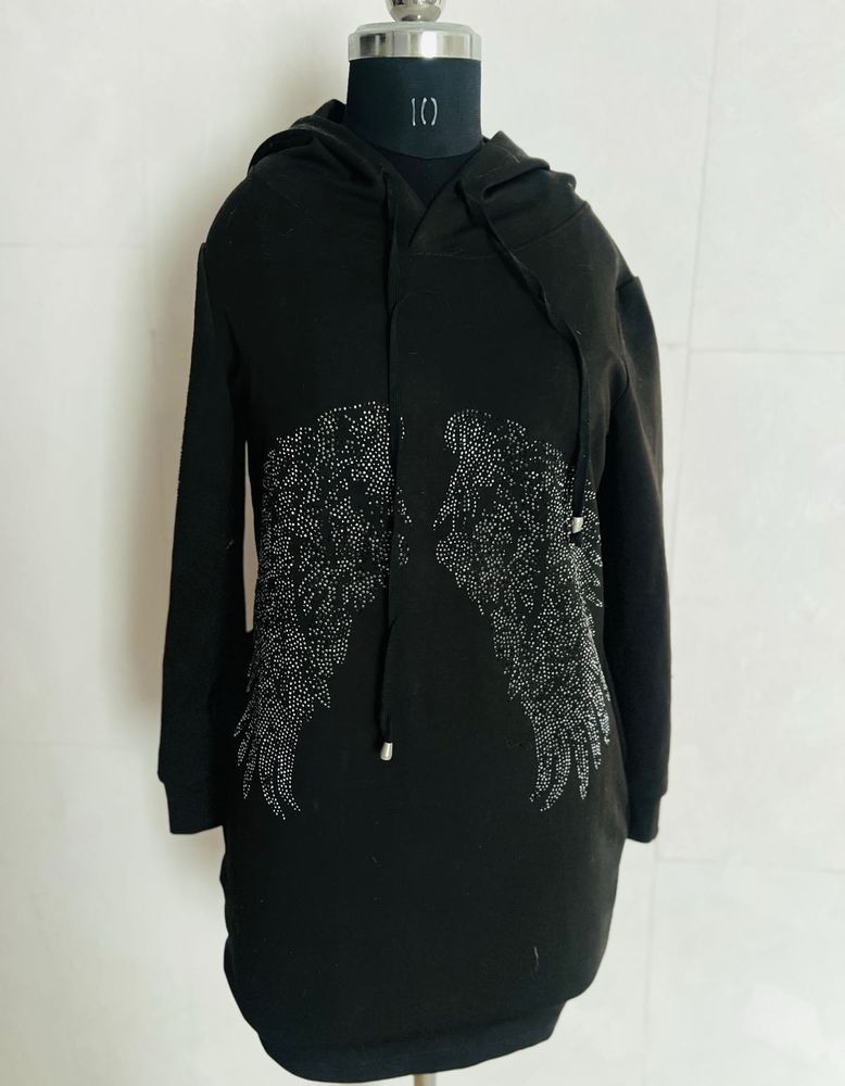 Black Hooded Dress with Rhinestone Wings