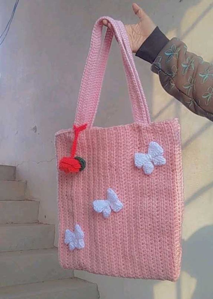 Handmade Crochet Pink Butterfly Tote