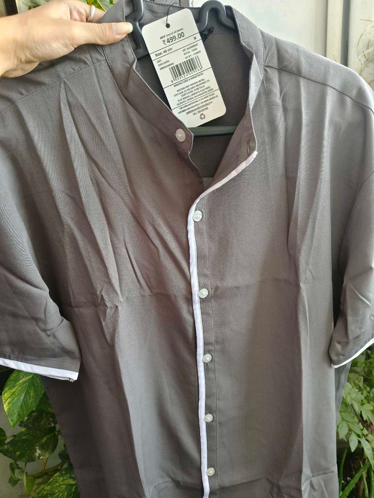 Men's Grey Mandarin Collar Shirt
