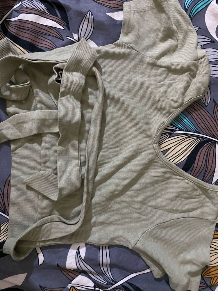 Sage Green Ribbed Cut-Out Top