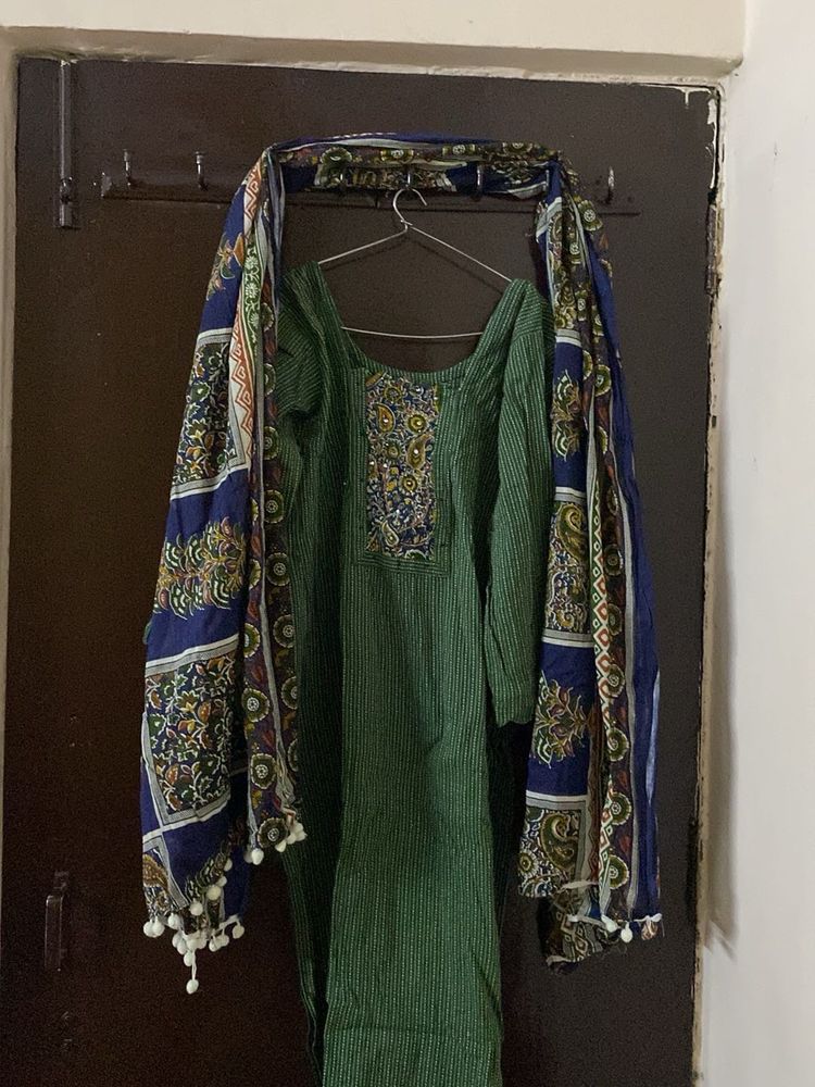 Green Striped Kurta Set with Dupatta