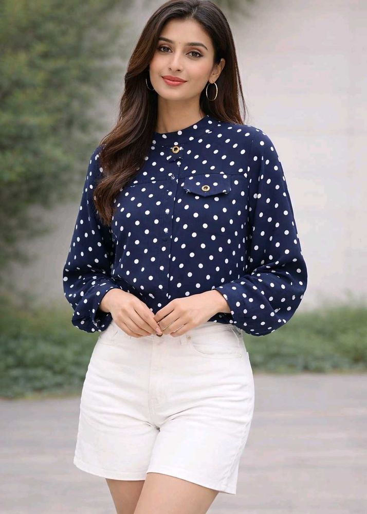 Navy Polka Dot Bell Sleeve Top