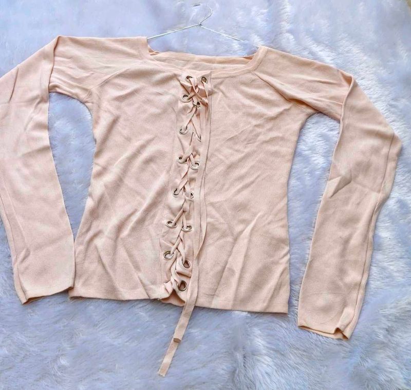 Peach Lace-Up Long Sleeve Top
