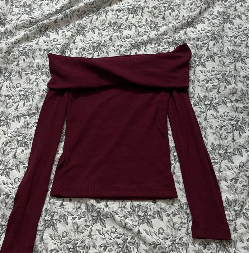 Maroon Off-Shoulder Long Sleeve Top