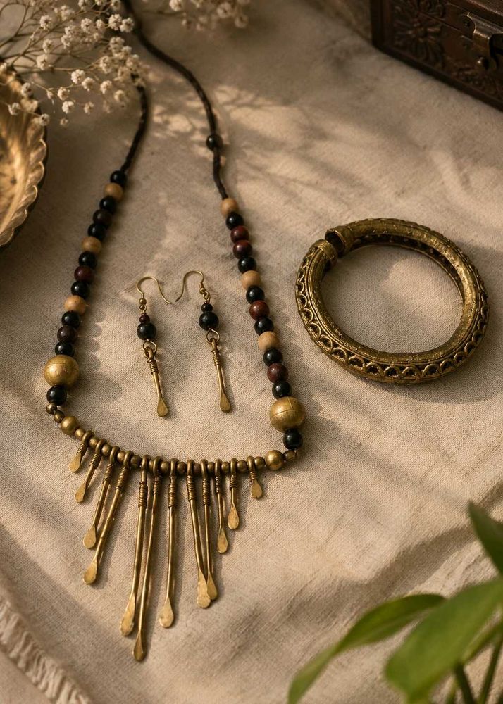 Boho dokra brass fringe Necklace Earrings bangle