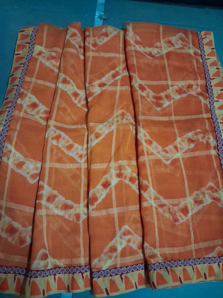 Orange Saree with Checkered Pattern