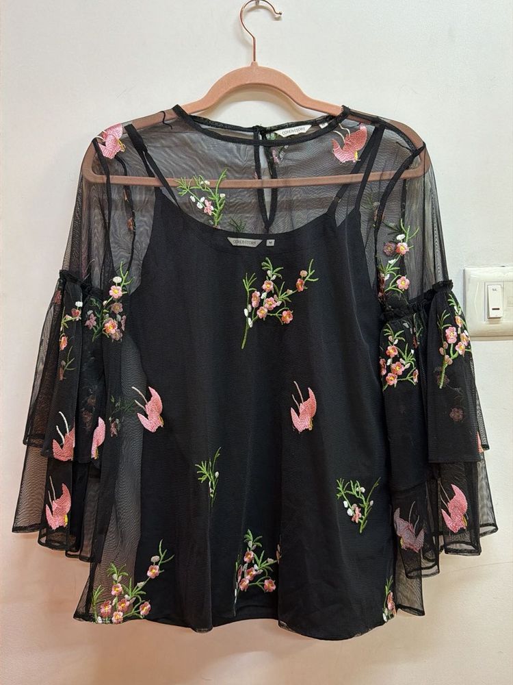 Chic Black Embroidered Mesh Top