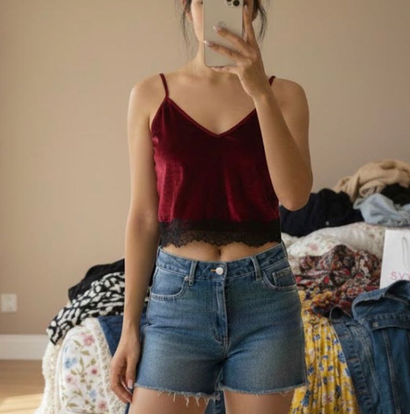Velvet Sleep Cami Top with Lace Trim