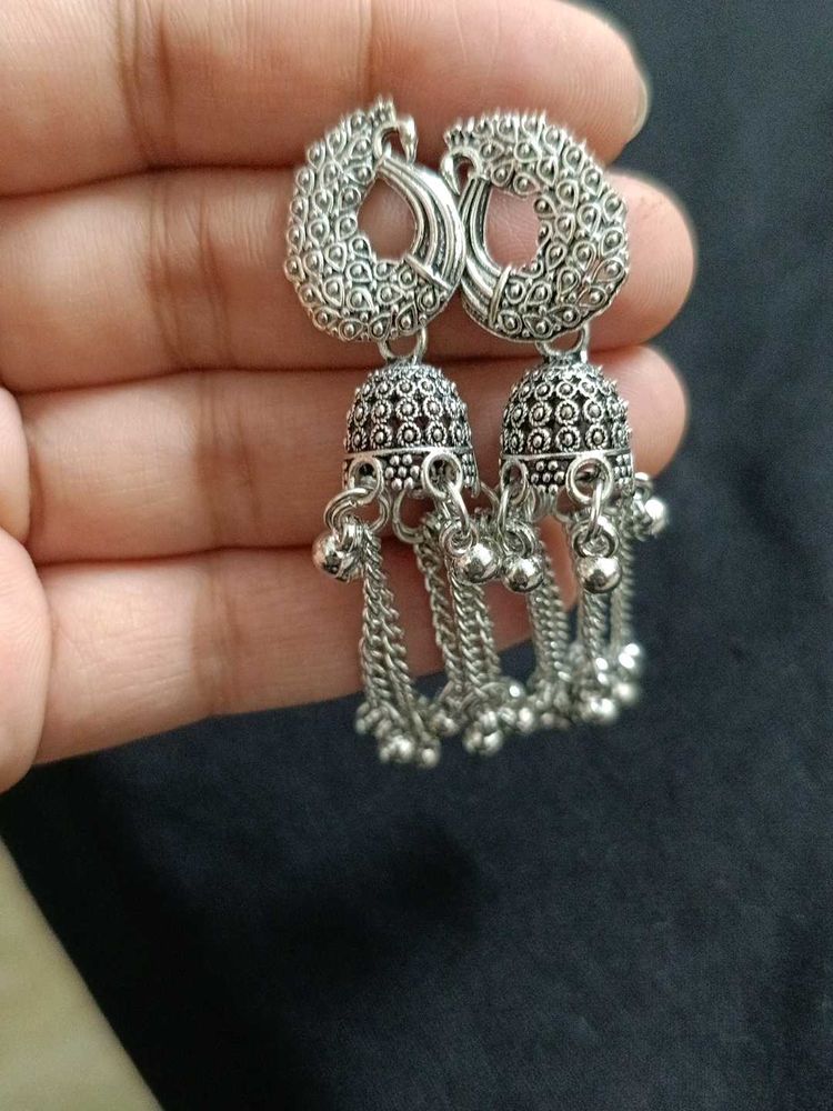 Oxidized Silver Peacock Jhumka Earrings