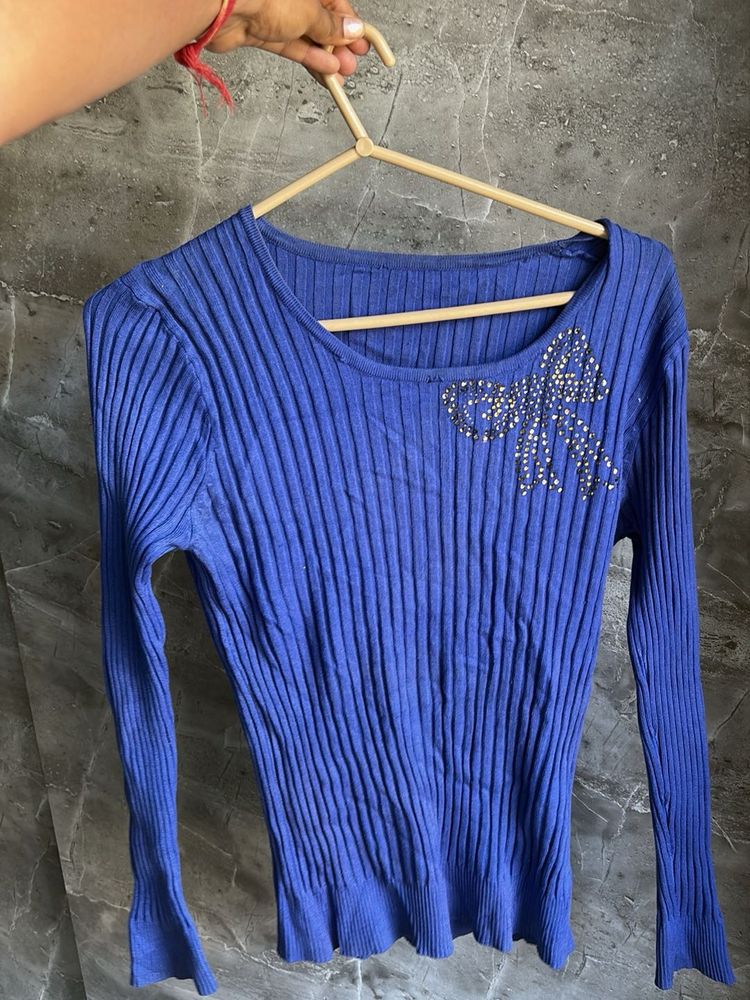 Blue Ribbed Top with Embellished Bow