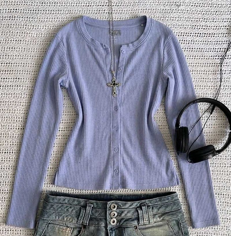 Cute Blue Ribbed Cardigan Top