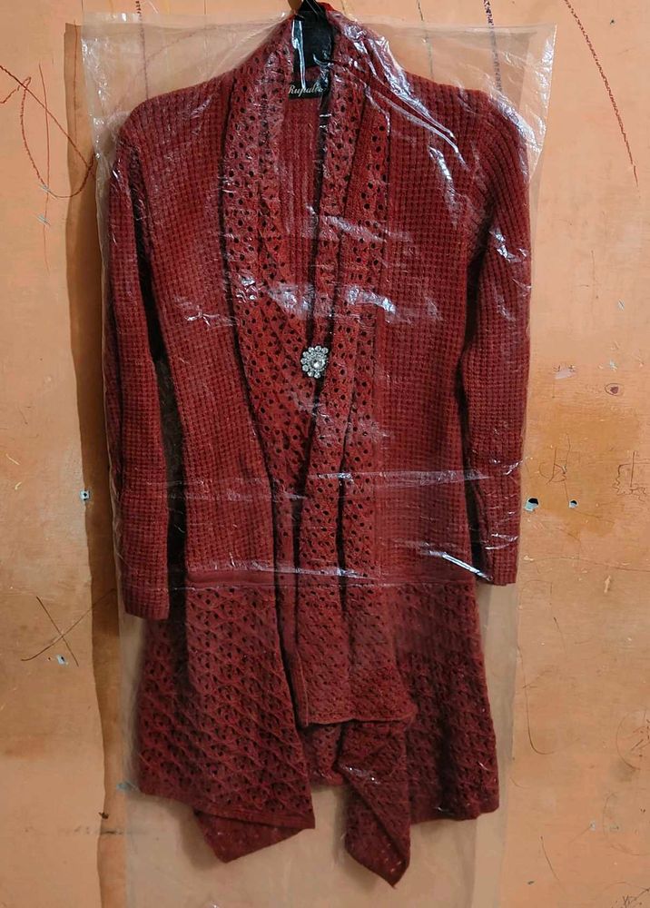 Women’s Red Woolen Long Cardigan