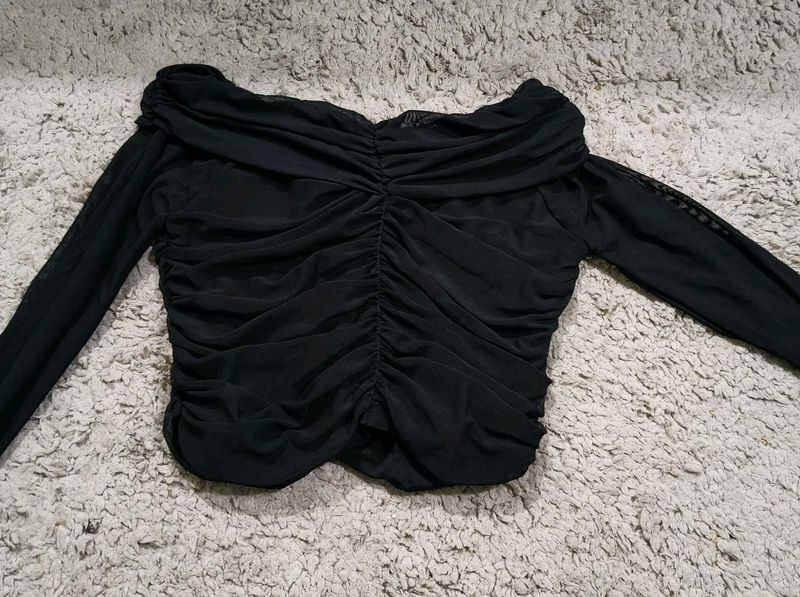 Chic Off-Shoulder Ruched Mesh Top