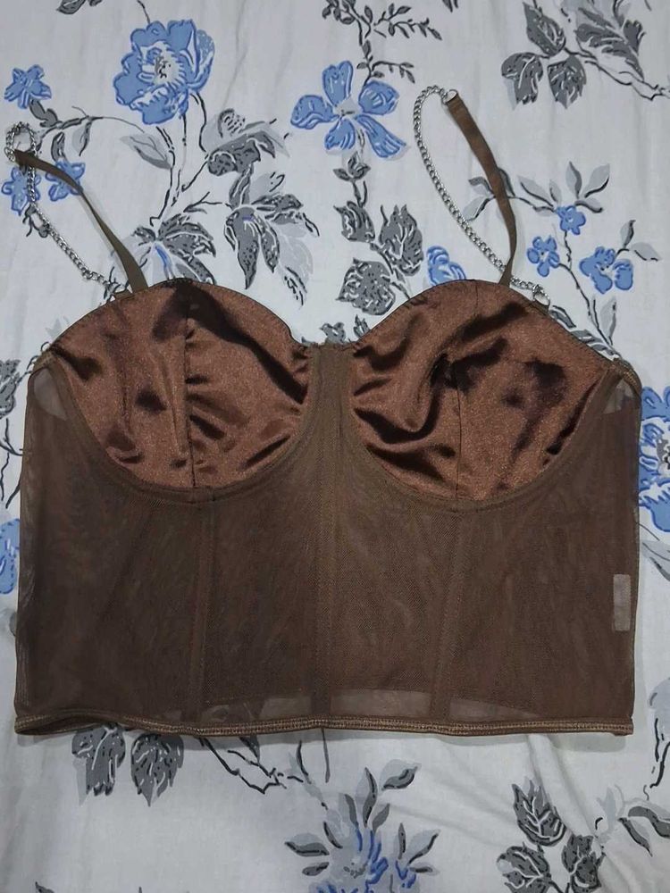 Brown Mesh Corset Top with Chain Straps