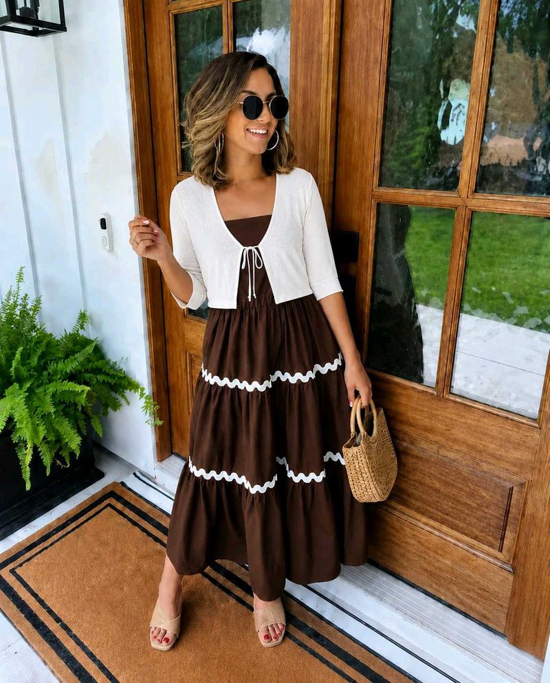 Chic Brown Tiered Maxi Dress with Bolero