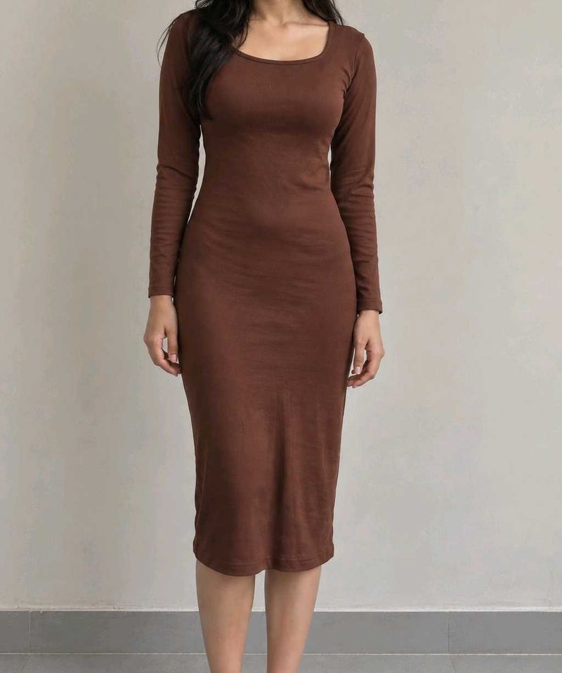 Brown Full Sleeve Bodycon Midi Dress