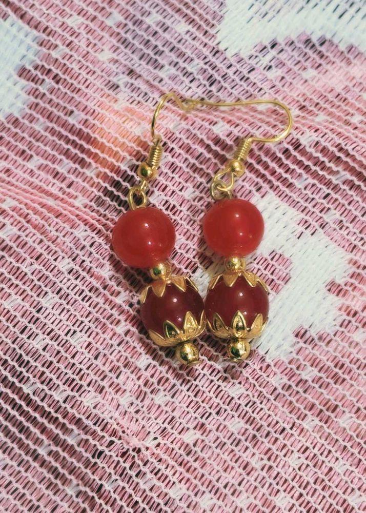 Red Beaded Gold Tone Earrings