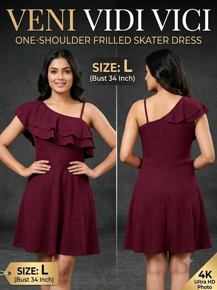 Maroon One-Shoulder Frill Skater Dress - NWT