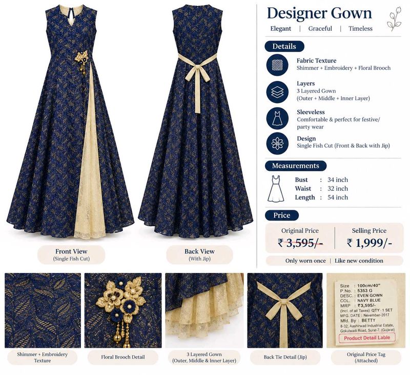 Designer Navy Blue Gown with Floral Detail