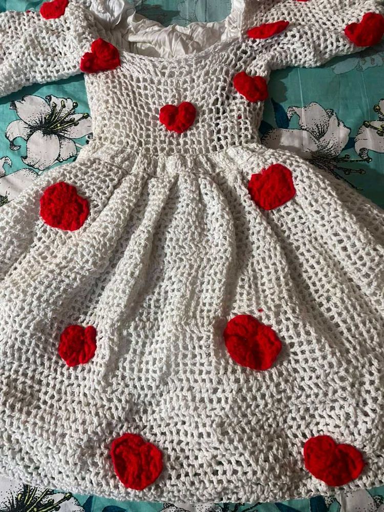 White Crochet Dress with Red Hearts
