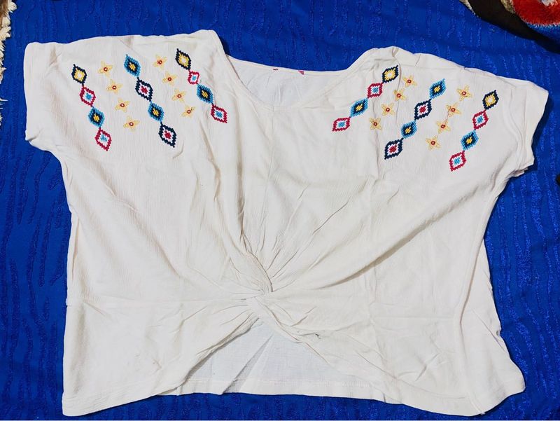 Embroidered Knot-Front Top