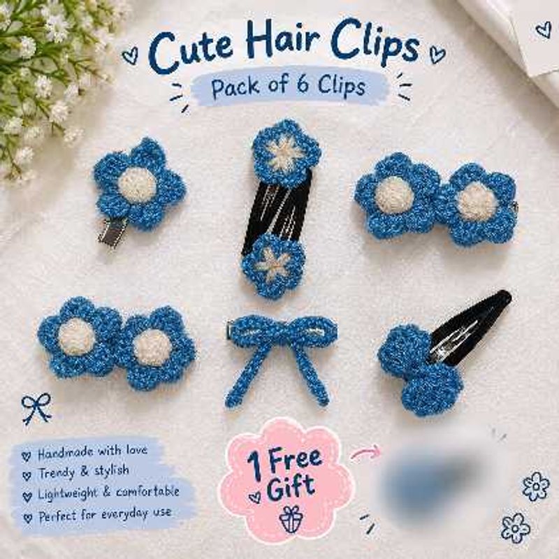 Cute Crochet Flower Hair Clips - Pack of 6