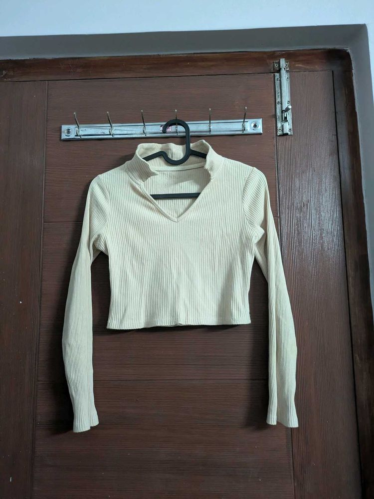 Beige Ribbed Mock Neck Crop Top