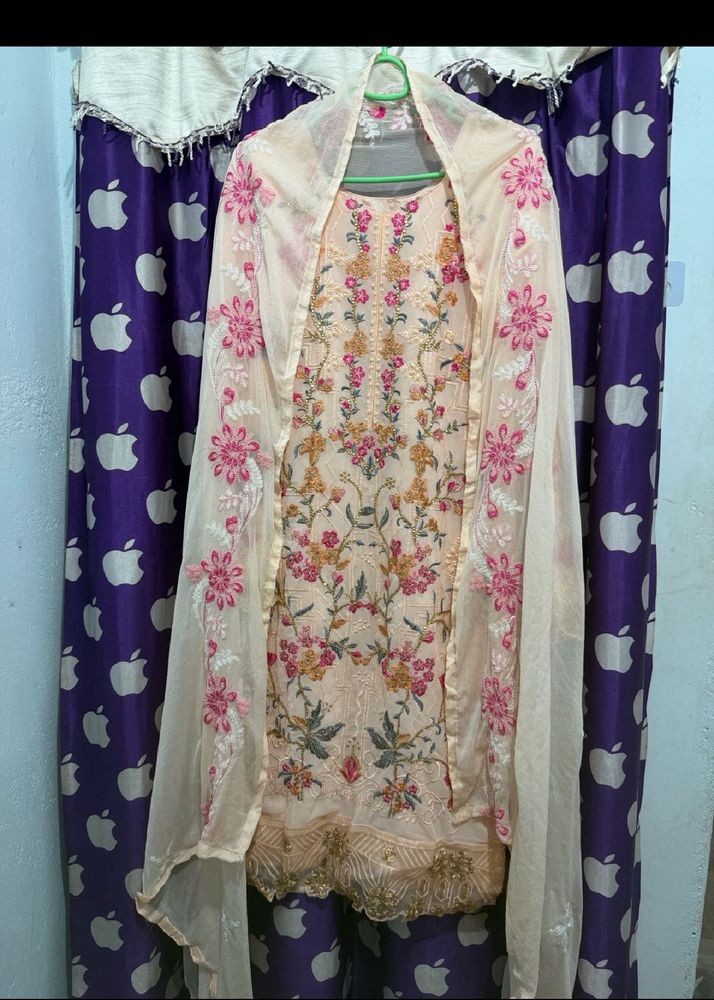 Embroidered Peach Pakistani Kurti with Dupatta