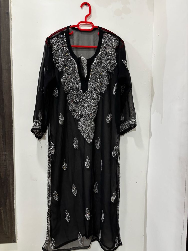 Black Embroidered Sheer Kurta
