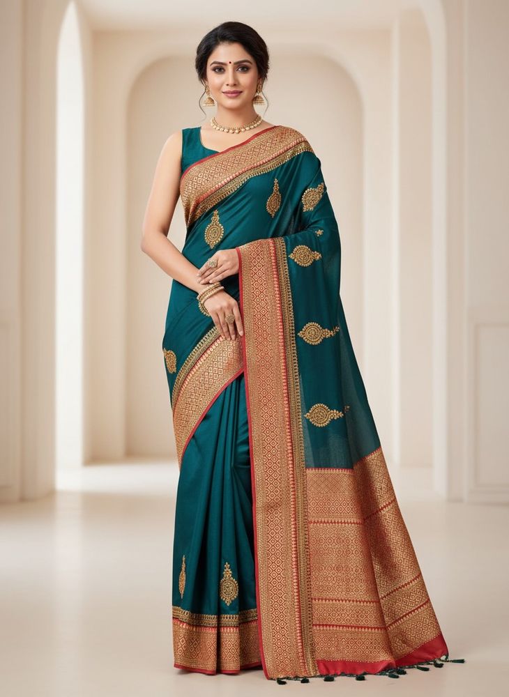 Elegant Teal Embroidered Saree