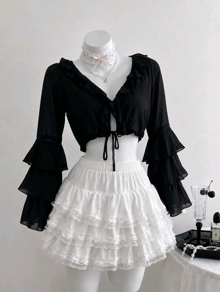 Black Ruffled Sleeve Cropped Top