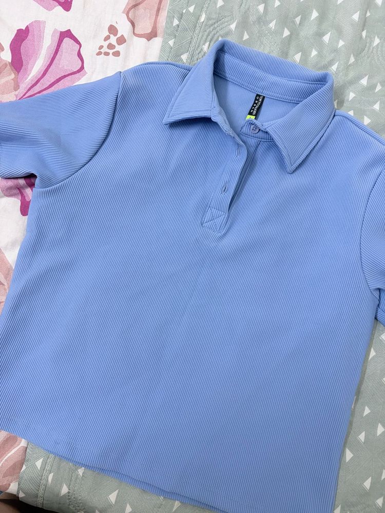 Light Blue Ribbed Polo Top