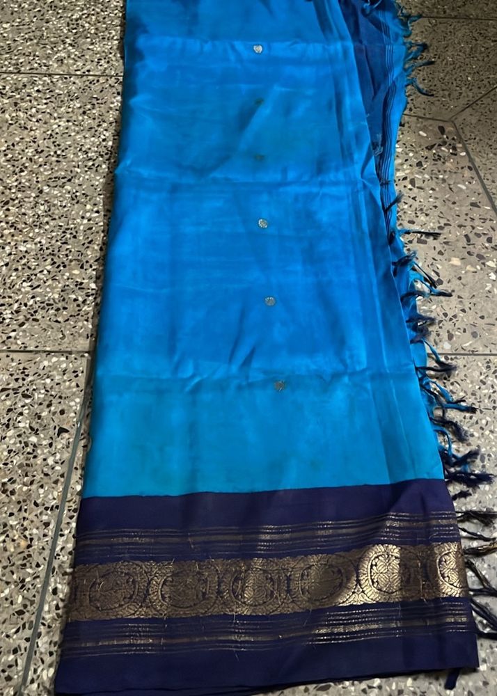 Sky Blue Saree With Royal Blur Zari Border