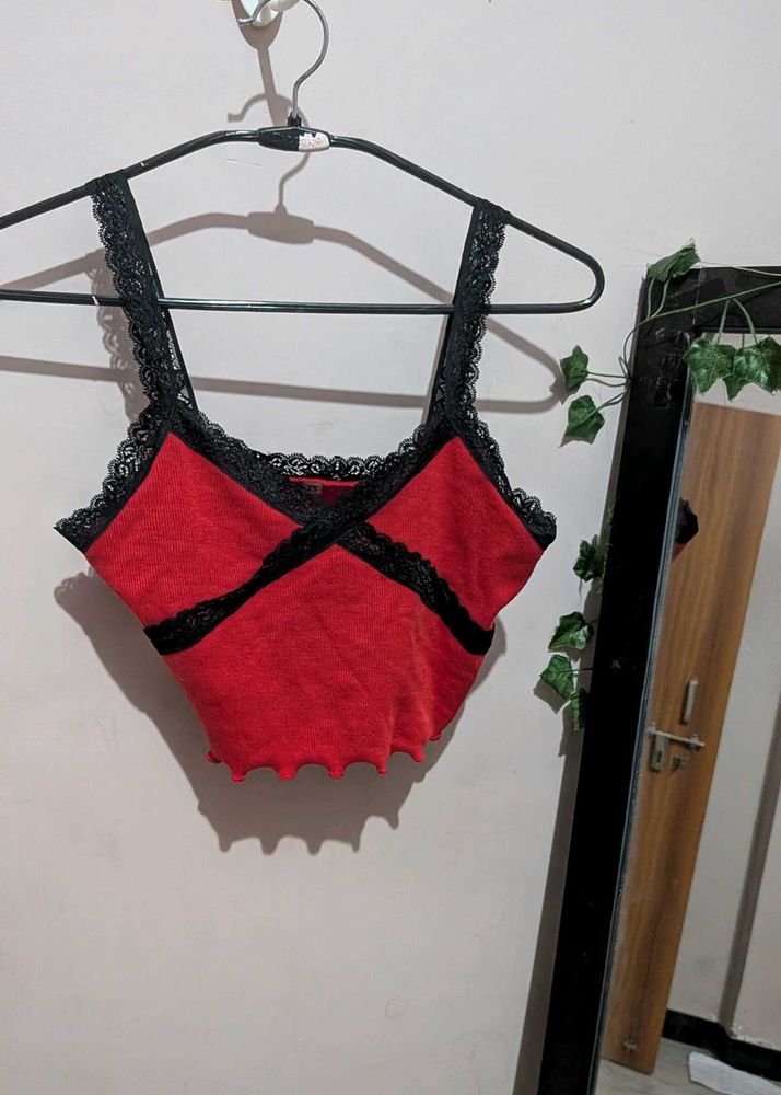 Red Lace Trim Crop Top