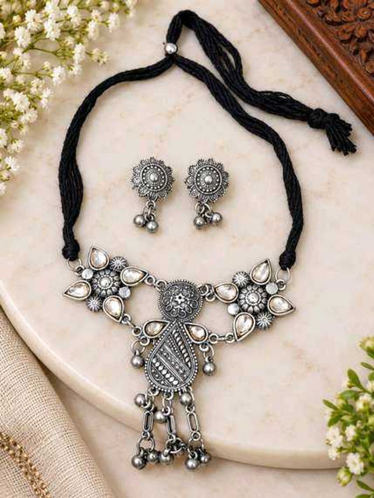 Oxidized Silver Choker Necklace Set
