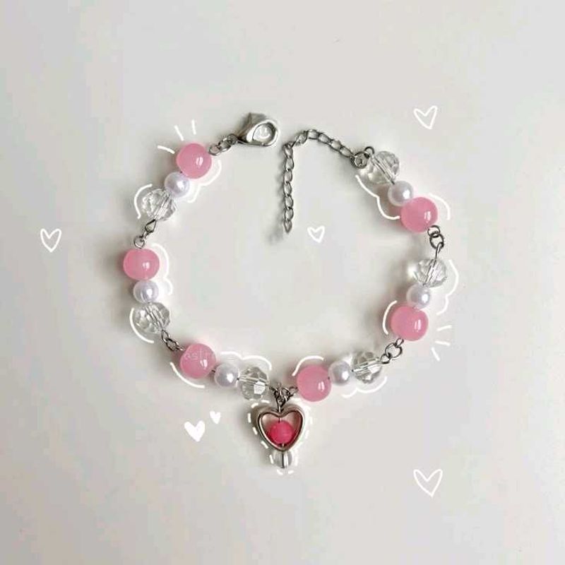 Pink Beaded Heart Charm Bracelet