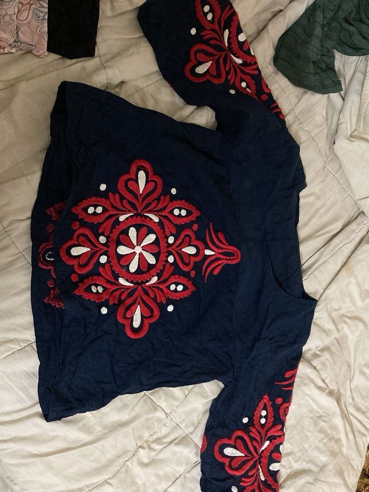 SALEE ‼️Boho Embroidered Navy Blue Long Sleeve T
