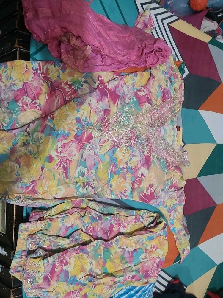 Multicolor kurta plazo set with dupatta which perf