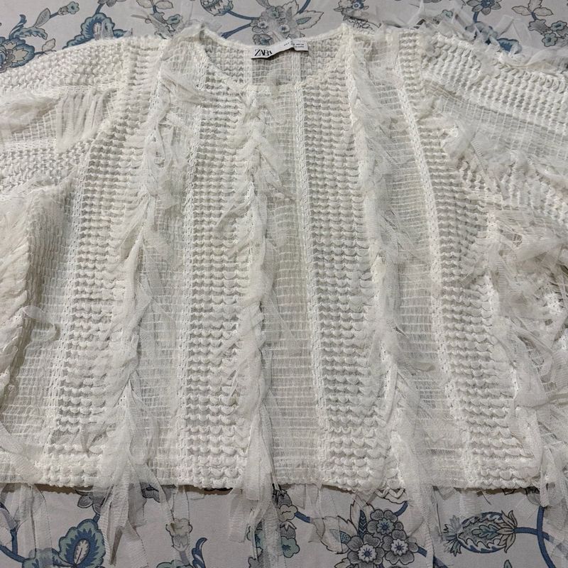 Zara White Textured Tunic with Fringe Detail