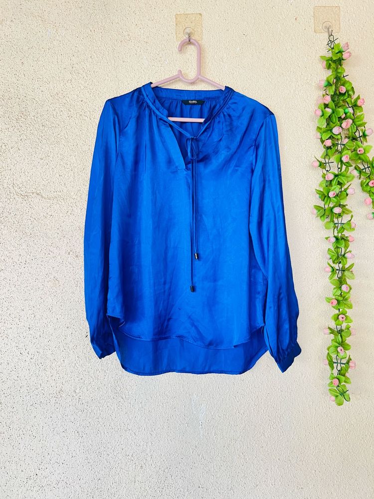 Vibrant Blue Satin Tie-Neck Blouse