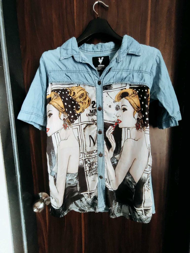 Unique Graphic Print Denim Shirt
