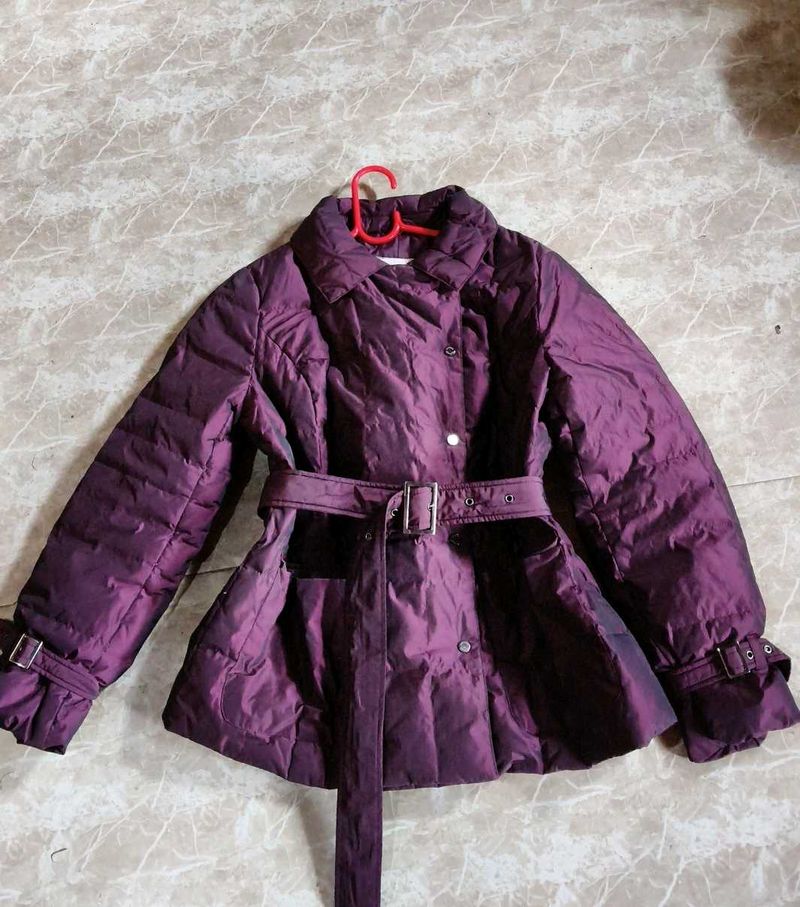 Elegant Purple Puffer Jacket with Belt