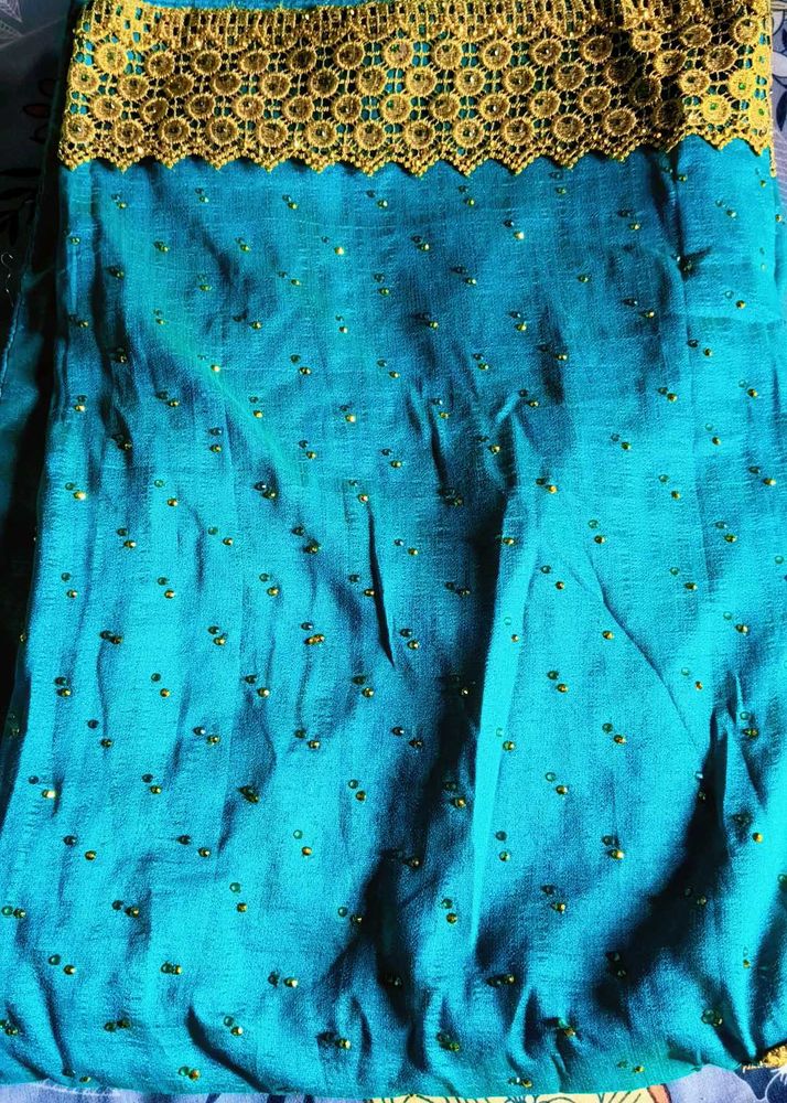 Teal Saree with Gold Border,bridal heavy sare