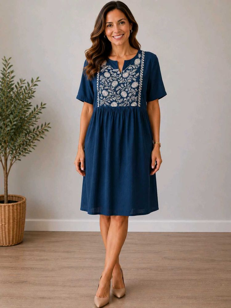 Embroidered Blue Short Sleeve Dress