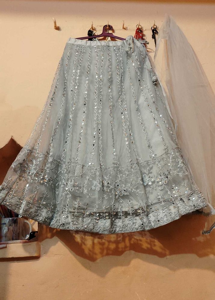 Stunning Sequined Grey Lehenga choli with dupatta.
